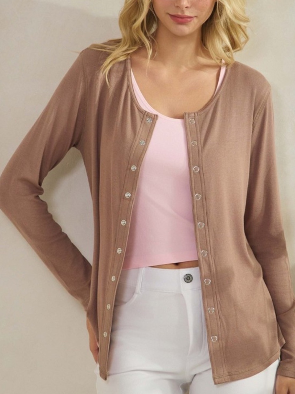 308 - Luxe Soft Ribbed Snap Cardigan in Mocha